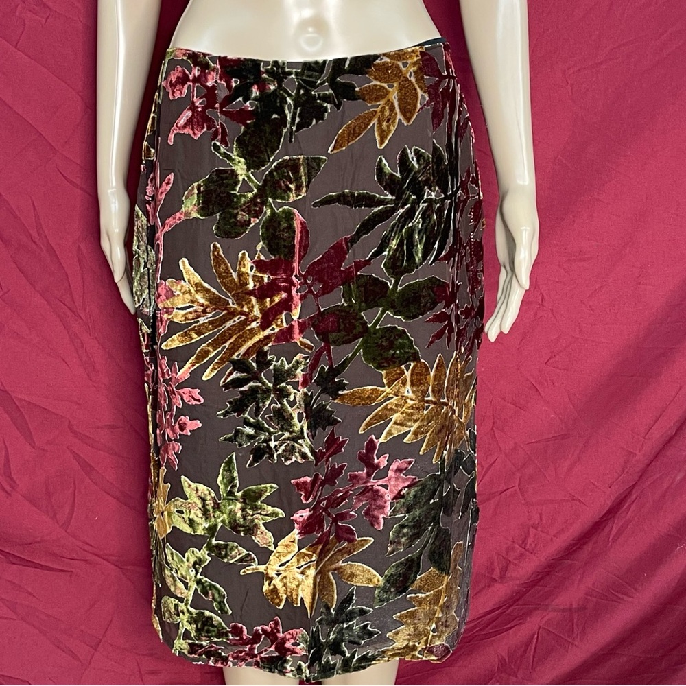 Vintage Tessuto Silk/Rayon Velvet Leaf Woodland Print USA Made Midi Skirt 12